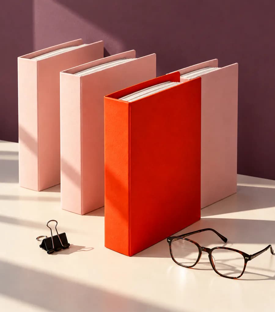Sélection de dossiers sur fond prune, avec une paire de lunettes