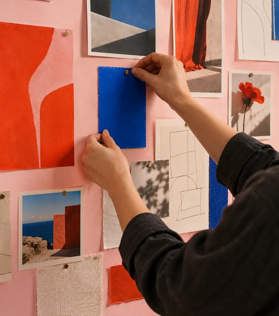 Planche d’inspiration en construction, échantillons épinglés au mur